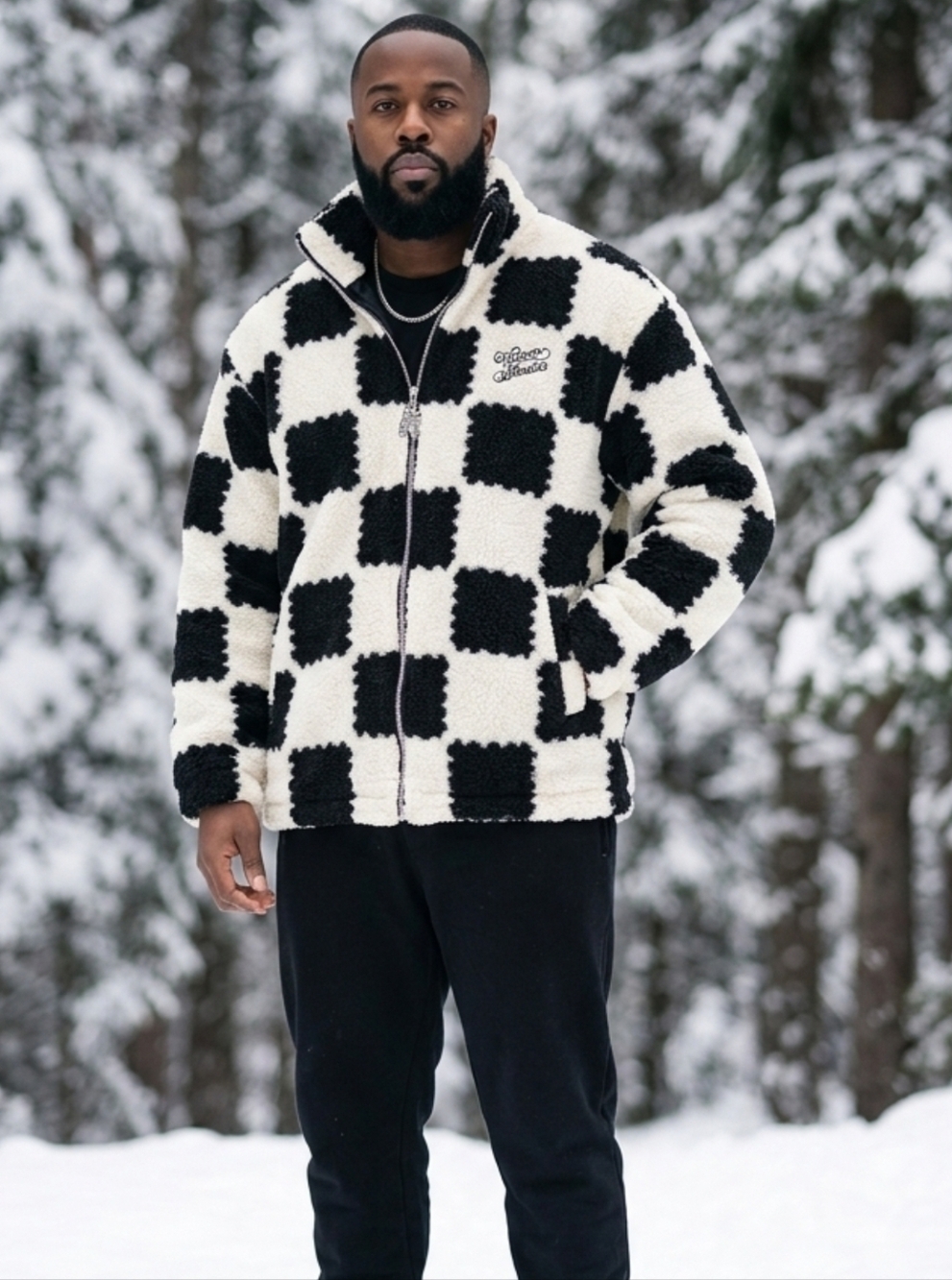 Watson Studios Men's Checkerboard Sherpa Puffer Jacket - Black & Cream